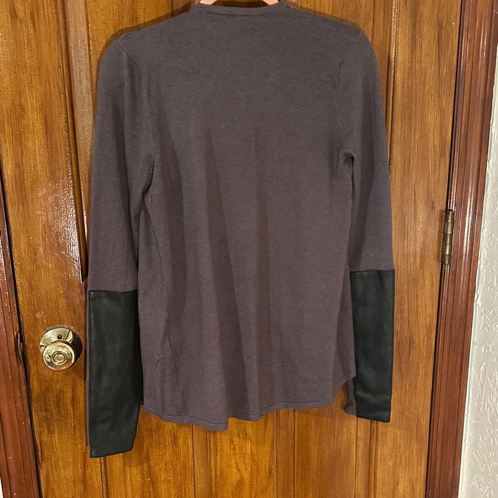 Cyrus Women's Cardigan Sweater - Gray with Black Faux Leather Accent - Picture 3 of 3